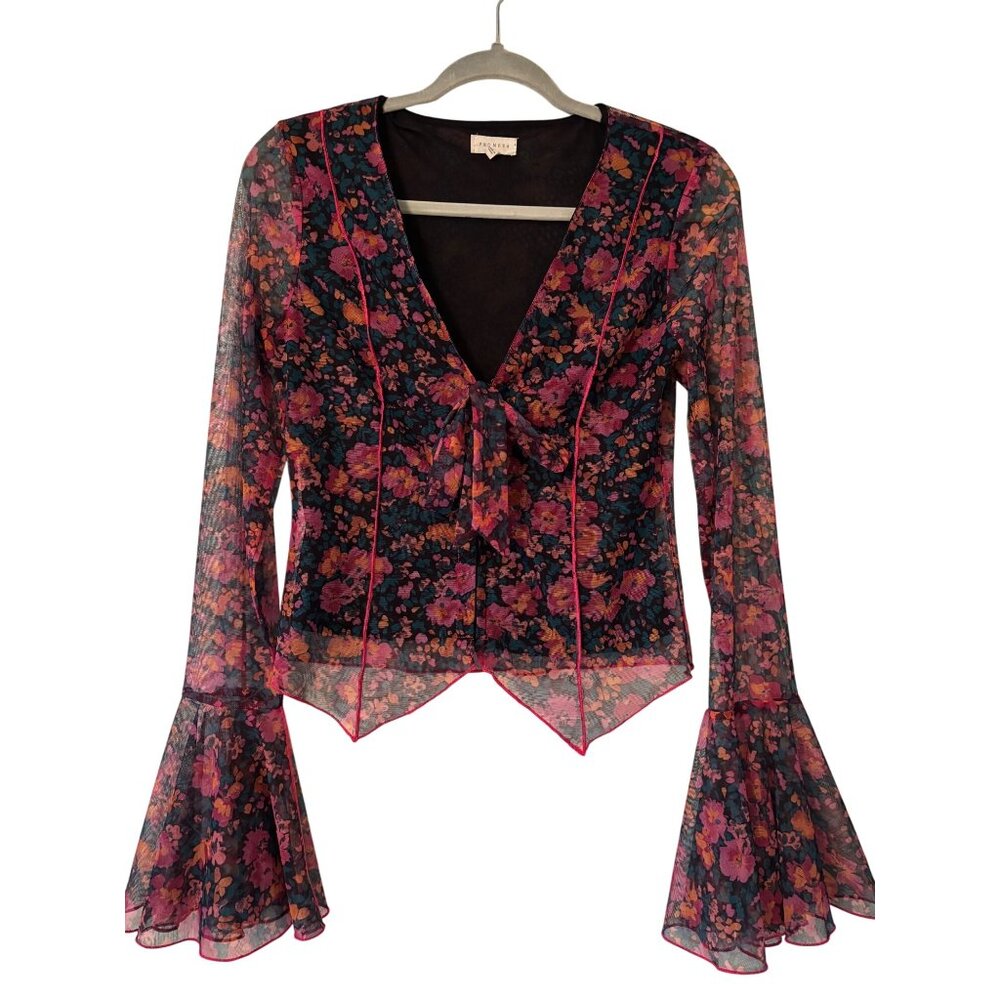 Promesa Fabulous Flowers Floral-Print Mesh Bell-Sleeve Top Sheer V-Neck Tie-Fron